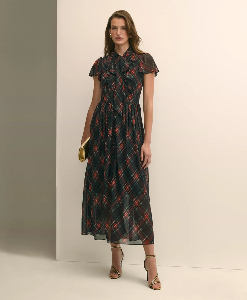 Chiffon Plaid Flutter-Sleeve Maxi Dress | Brooks Brothers online shop