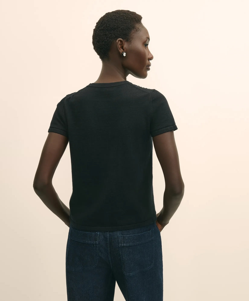 Merino-Wool-Cotton Blend Floral Embellished Short-Sleeve Sweater Shell | Brooks Brothers on sale