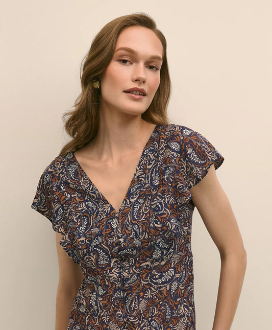 Paisley Shimmer Ruffle-Front Chevron-Stripe Dress | Brooks Brothers online shop