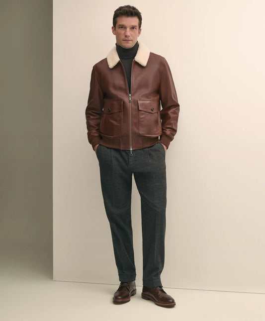 Washed Leather Bomber Jacket With Shearling Collar | Brooks Brothers cheap