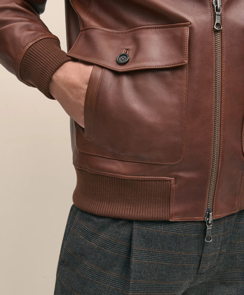Washed Leather Bomber Jacket With Shearling Collar | Brooks Brothers cheap