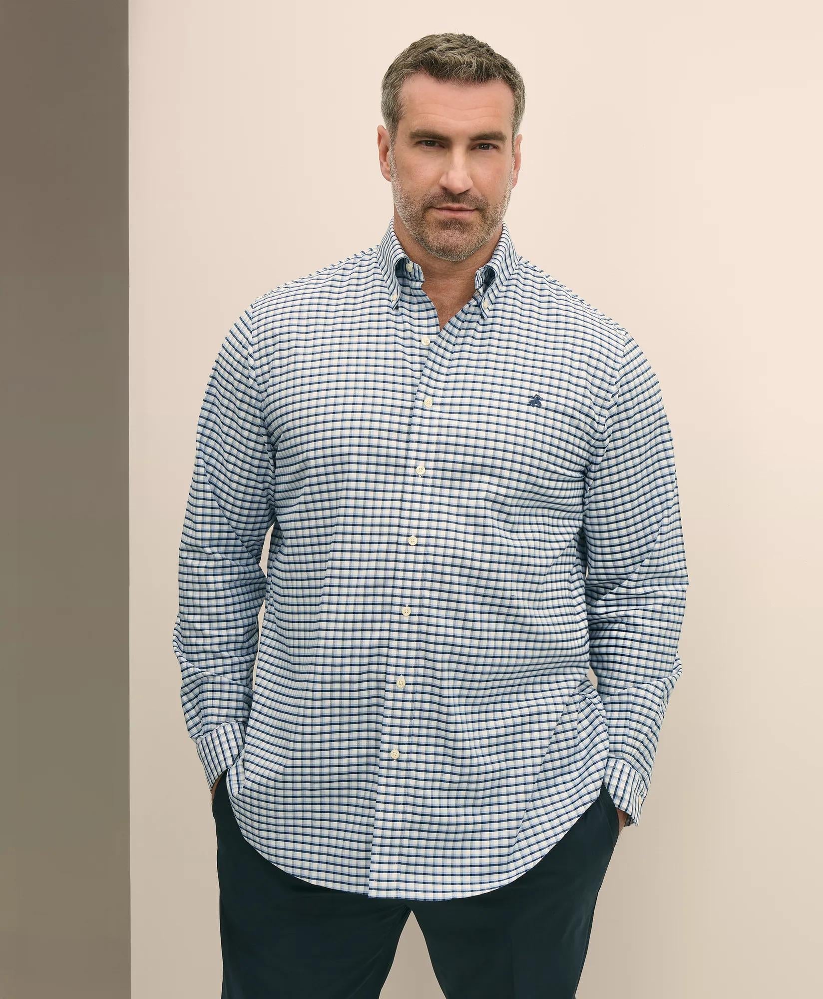 Big & Tall Stretch Cotton Non-Iron Oxford Polo Button Down Collar, Checked Shirt | Brooks Brothers for sale