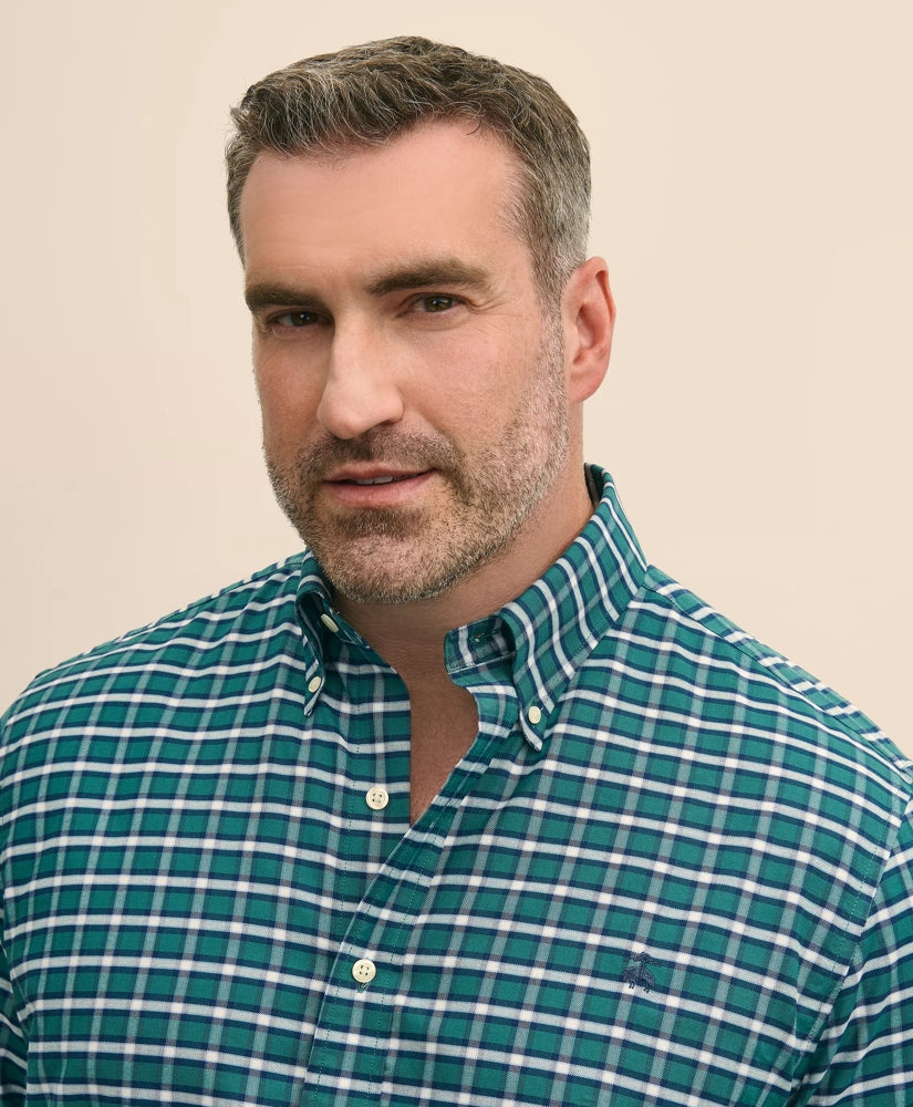 Big & Tall Stretch Cotton Non-Iron Oxford Polo Button Down Collar, Plaid Shirt | Brooks Brothers online shop