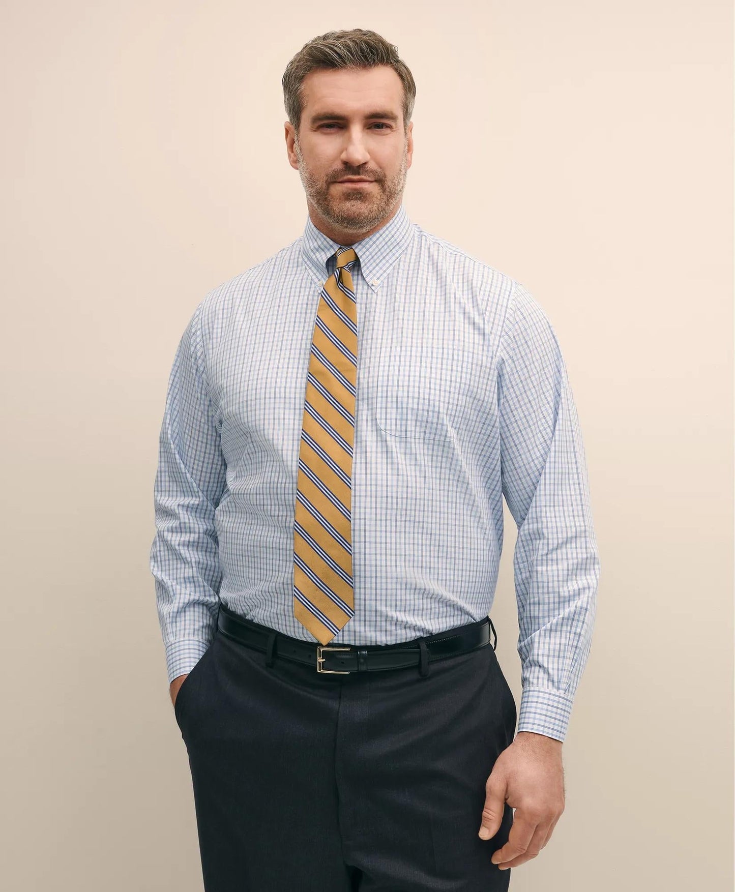 Big & Tall Stretch Cotton Non-Iron Pinpoint Polo Button Down Collar, Tattersall Dress Shirt | Brooks Brothers discount