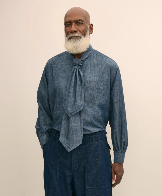 Brooks Brothers X Engineered Garments Cotton Chambray Ascot Collar Oversized Dress Shirt | Brooks Brothers sale