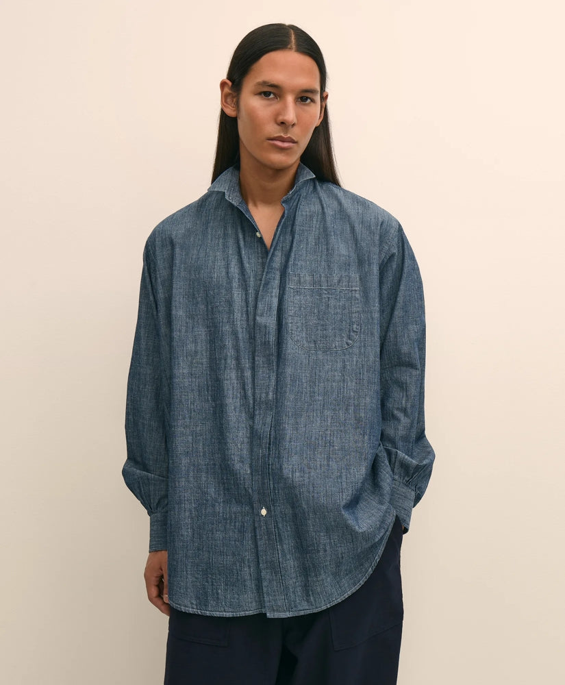 Brooks Brothers X Engineered Garments Cotton Chambray Wing Collar Oversized Dress Shirt | Brooks Brothers on sale