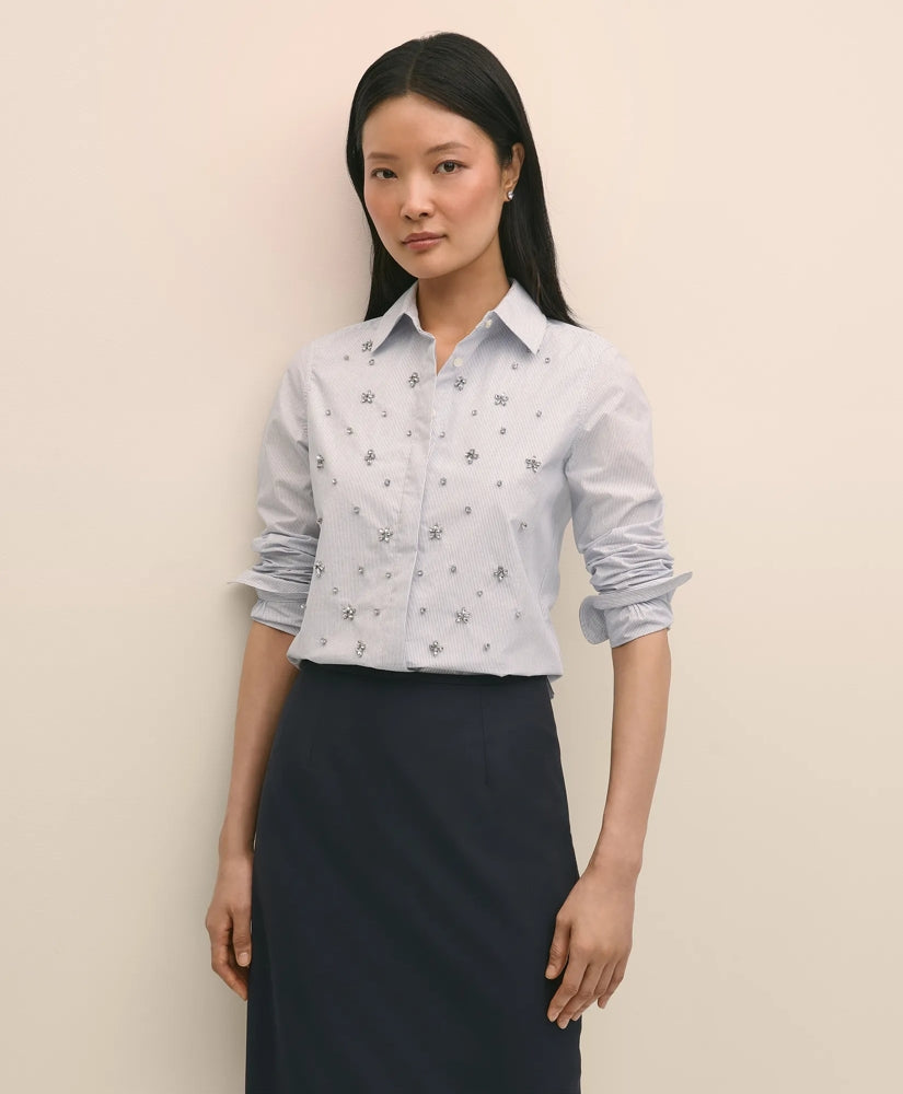 Cotton Poplin Pinstripe Embellished Shirt | Brooks Brothers discount