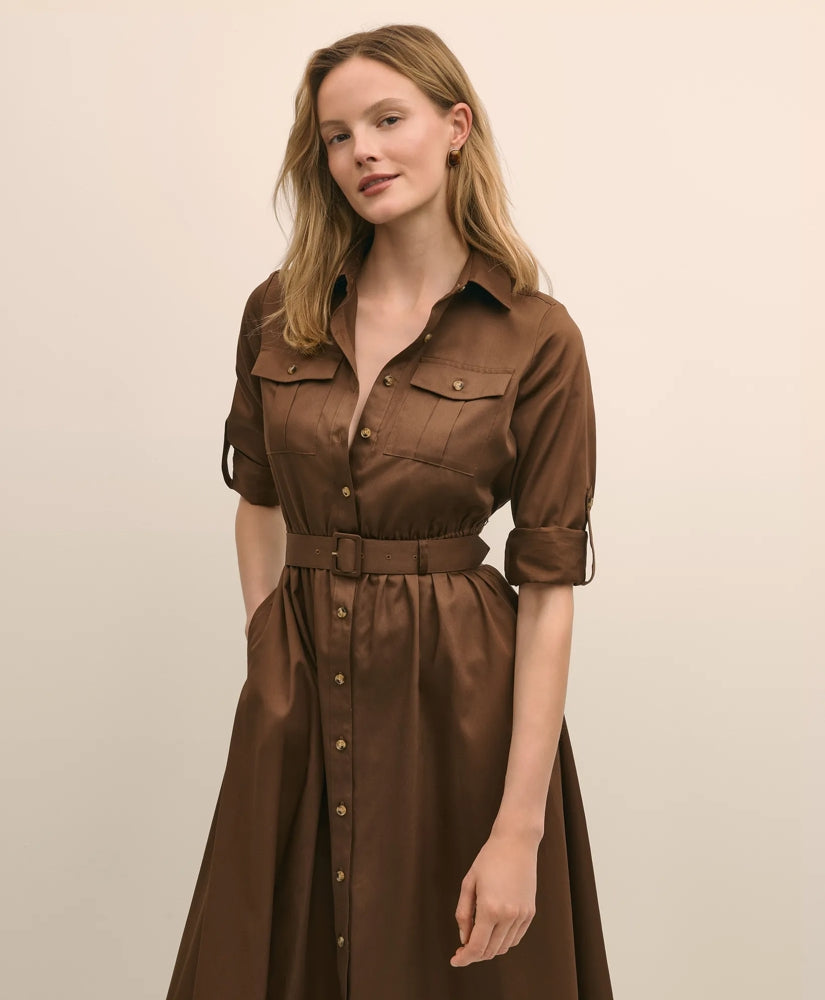 Cotton Sateen Fit-And-Flare Belted Shirt Dress | Brooks Brothers online
