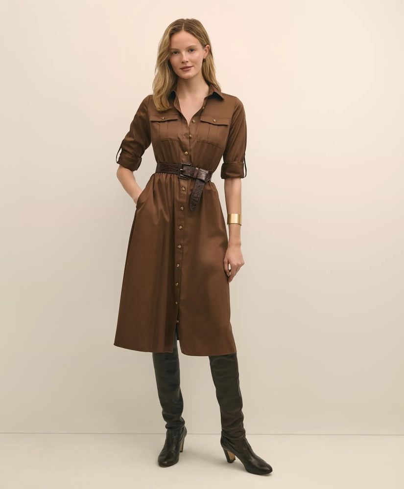 Cotton Sateen Fit-And-Flare Belted Shirt Dress | Brooks Brothers online