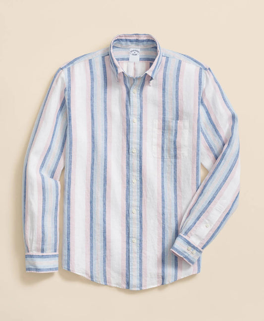 Irish Linen Polo Button Down Collar, Awning Stripe Shirt | Brooks Brothers online
