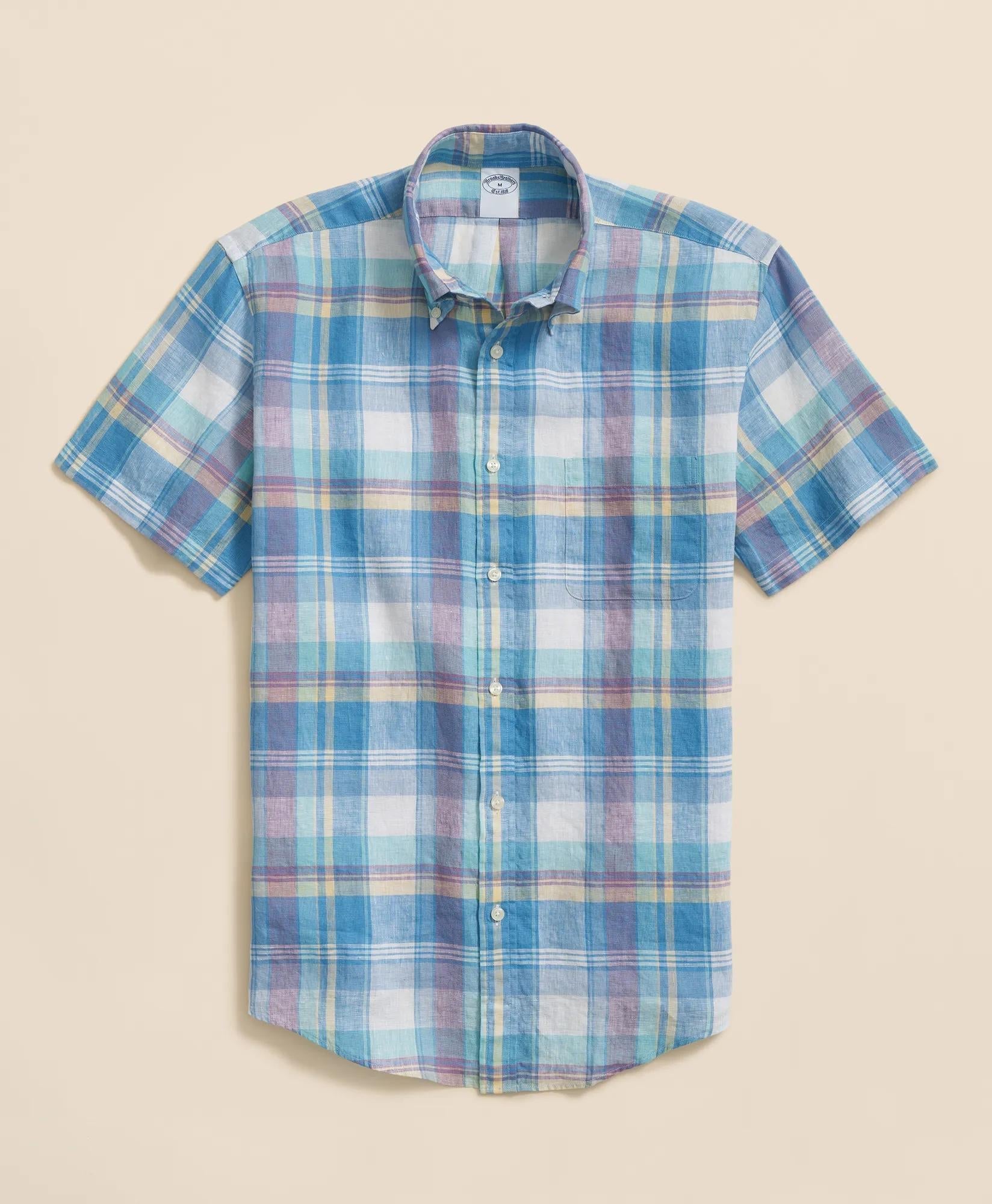 Irish Linen Polo Button Down Collar, Checked Short-Sleeve Shirt | Brooks Brothers discount