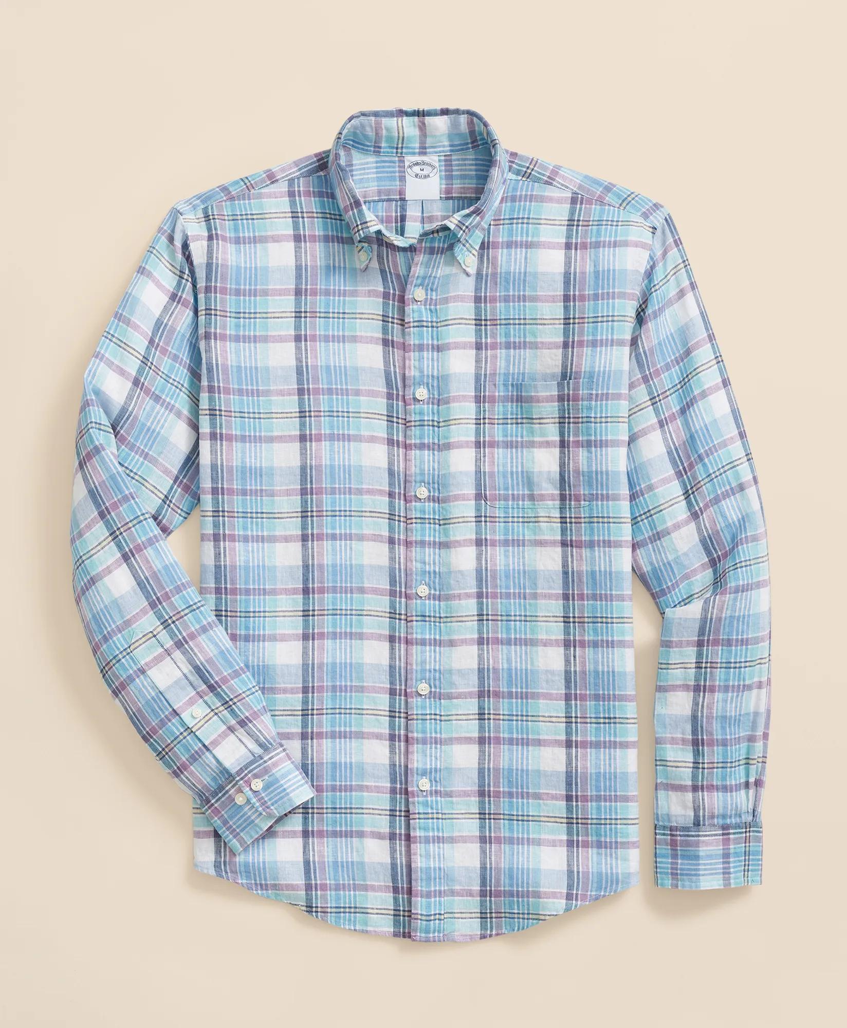 Irish Linen Polo Button Down Collar, Plaid Shirt | Brooks Brothers sale