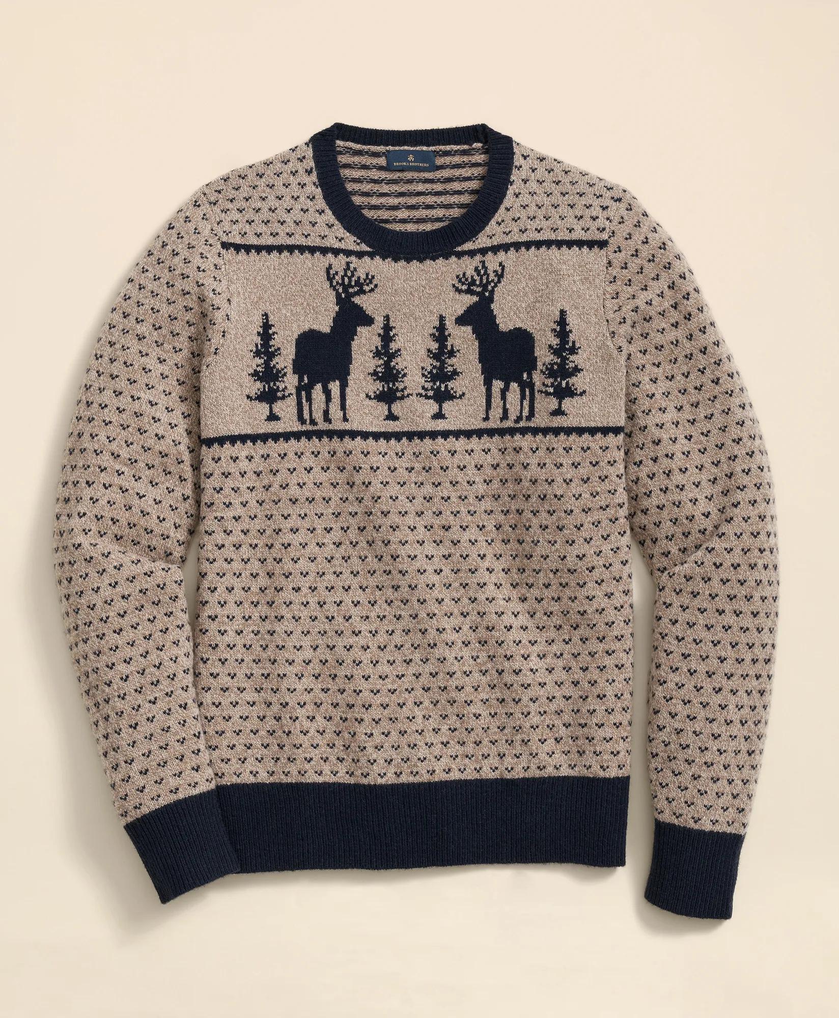 Merino-Wool Blend Jacquard Moose Sweater | Brooks Brothers online