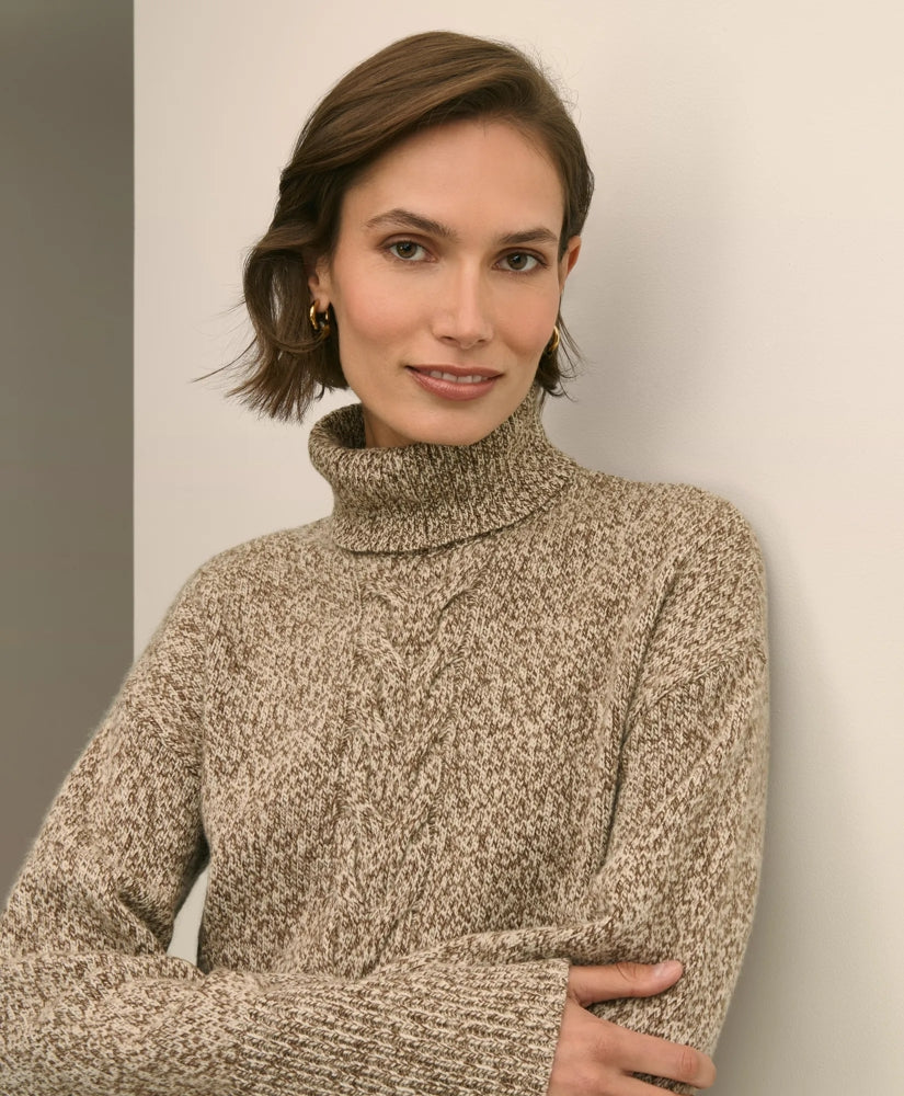 Merino Wool Blend Marled Cable-Knit Turtleneck Sweater | Brooks Brothers online shop