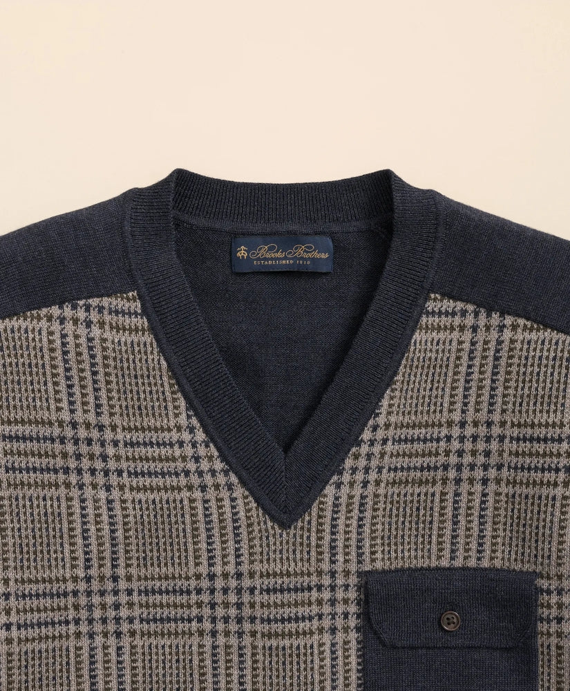 Merino Wool Glen Plaid Contrast Sweater | Brooks Brothers online shop