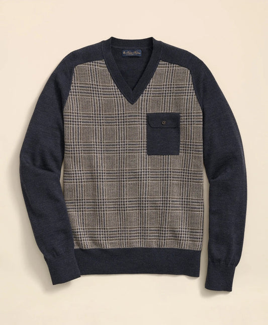 Merino Wool Glen Plaid Contrast Sweater | Brooks Brothers online shop