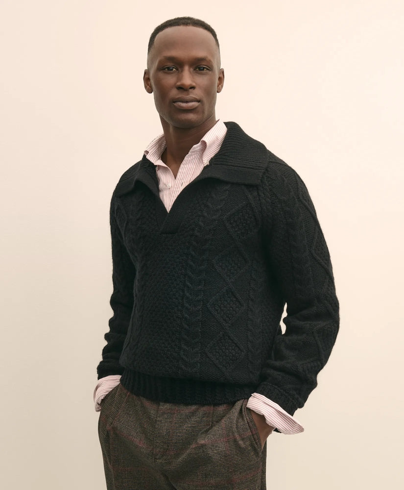Merino Wool Johnny Collar Aran Sweater | Brooks Brothers discount