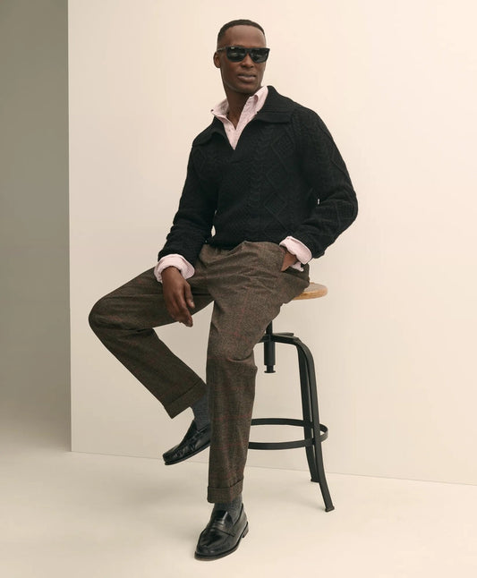 Merino Wool Johnny Collar Aran Sweater | Brooks Brothers discount