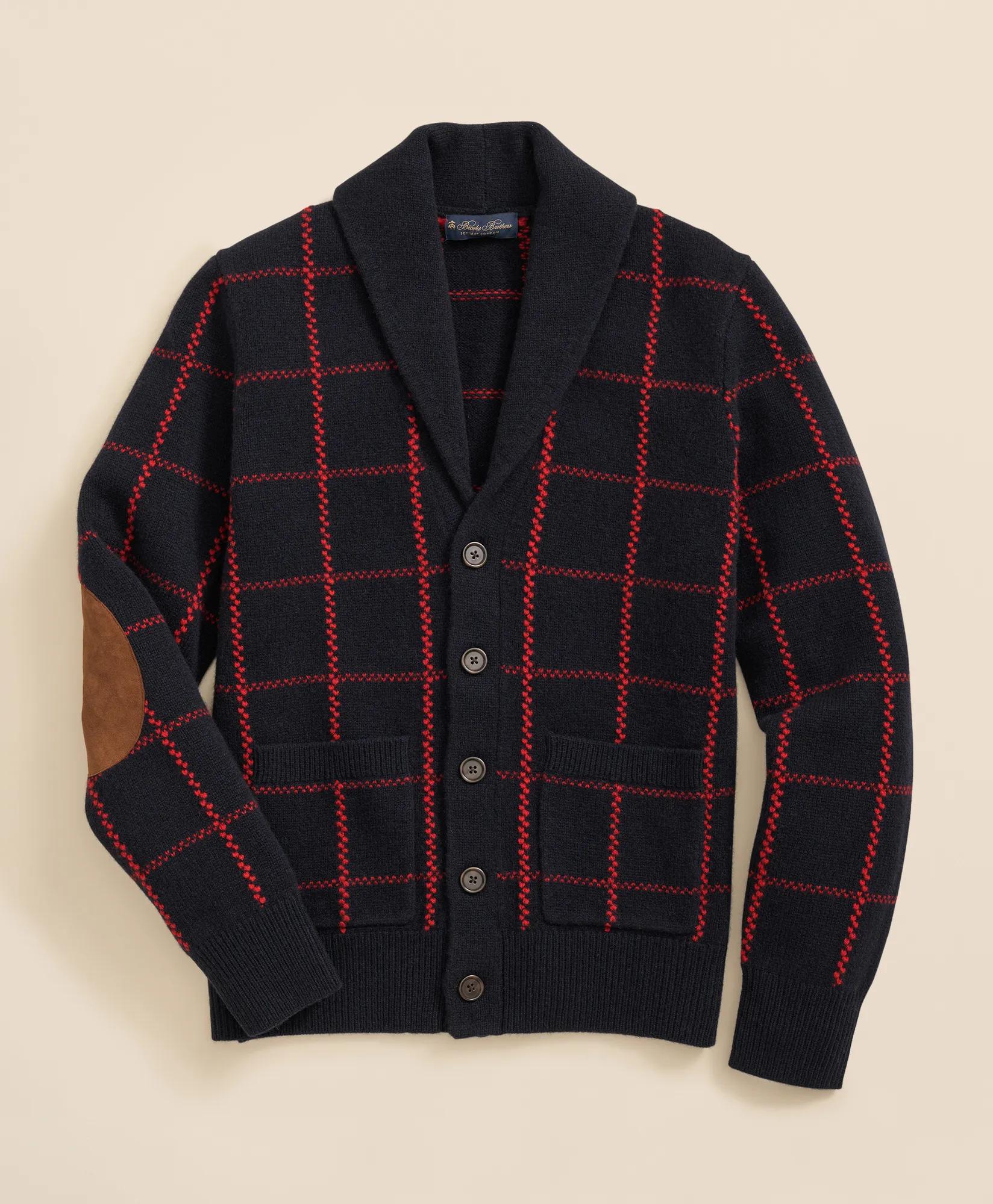 Merino Wool Windowpane Intarsia Shawl-Collar Cardigan | Brooks Brothers online shop