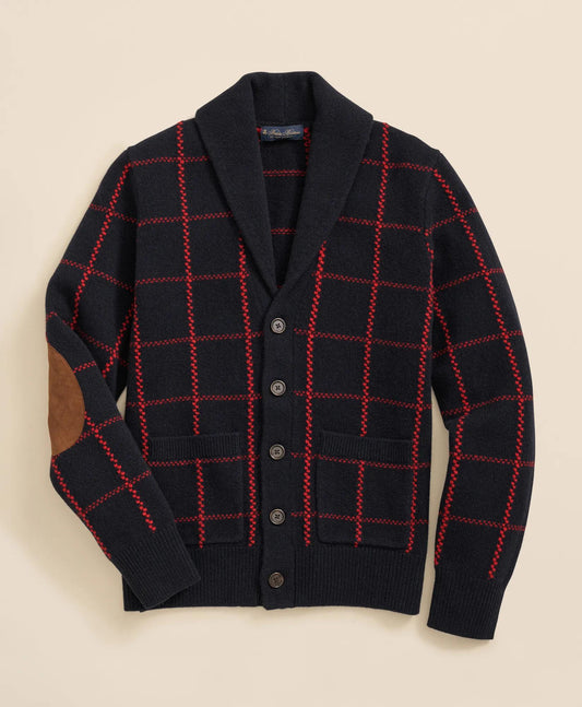 Merino Wool Windowpane Intarsia Shawl-Collar Cardigan | Brooks Brothers online shop