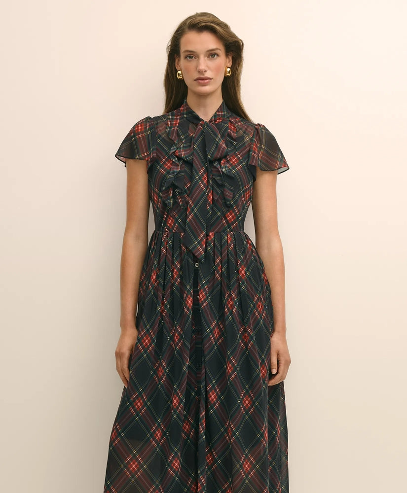 Chiffon Plaid Flutter-Sleeve Maxi Dress | Brooks Brothers online shop