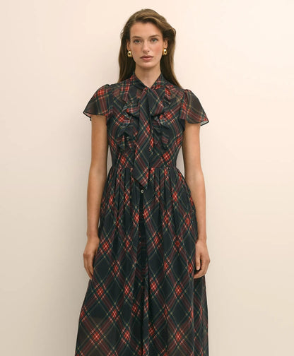 Chiffon Plaid Flutter-Sleeve Maxi Dress | Brooks Brothers online shop