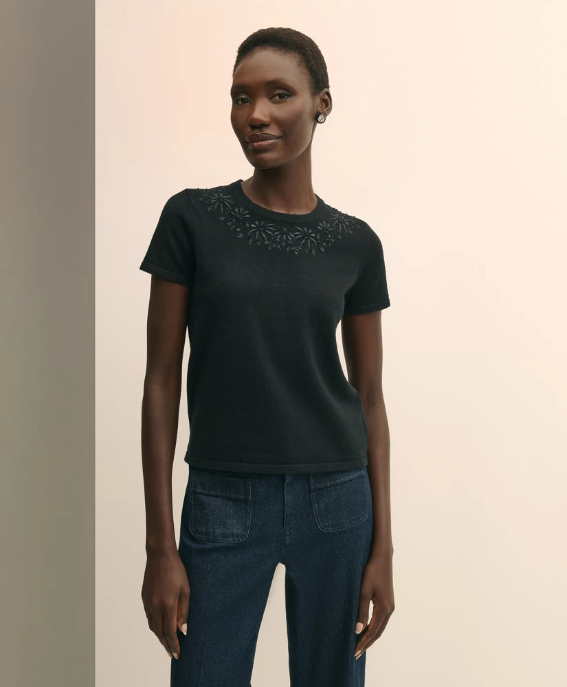 Merino-Wool-Cotton Blend Floral Embellished Short-Sleeve Sweater Shell | Brooks Brothers on sale