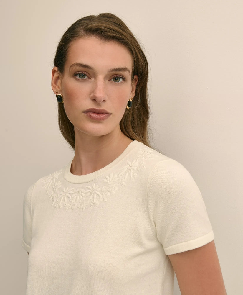 Merino-Wool-Cotton Blend Floral Embellished Short-Sleeve Sweater Shell | Brooks Brothers cheap