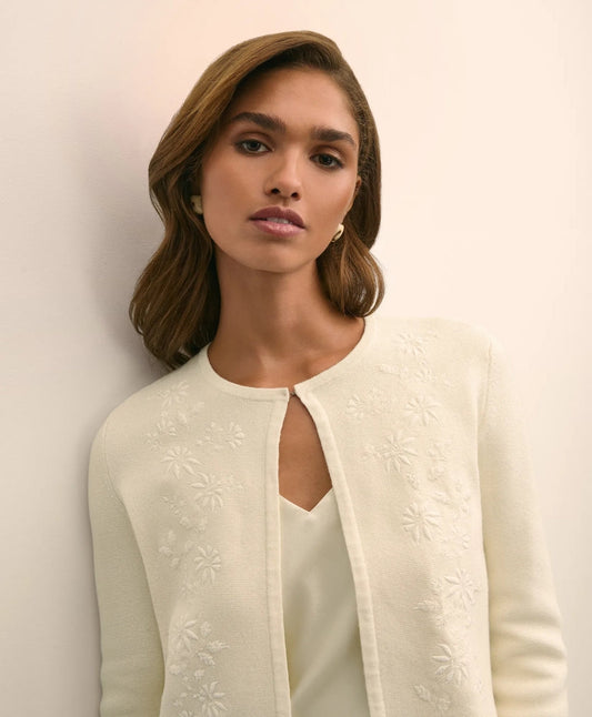 Merino-Wool-Cotton Blend Floral Embellished Cardigan | Brooks Brothers on sale