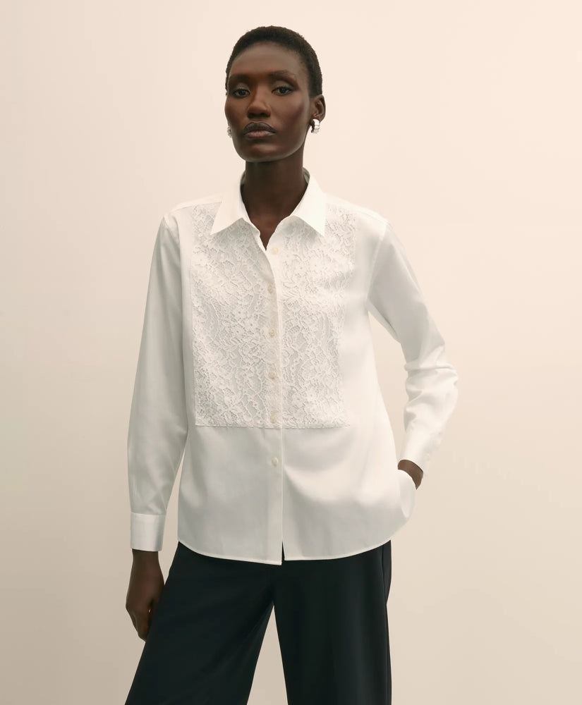 Cotton Sateen Relaxed Lace-Bib Shirt | Brooks Brothers for sale