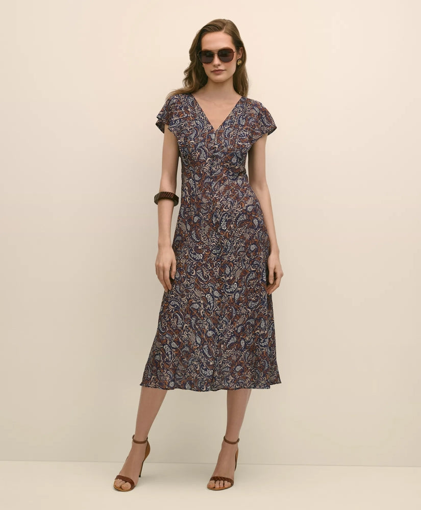 Paisley Shimmer Ruffle-Front Chevron-Stripe Dress | Brooks Brothers online shop