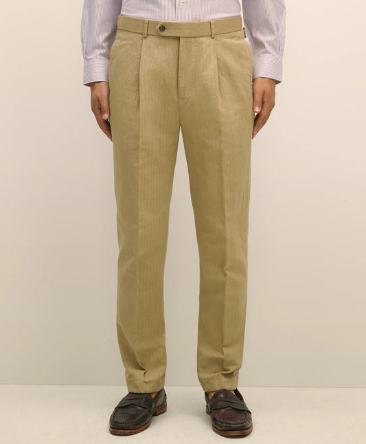 Slim Fit Cotton-Linen Herringbone Single-Pleat Suit Pants | Brooks Brothers online shop