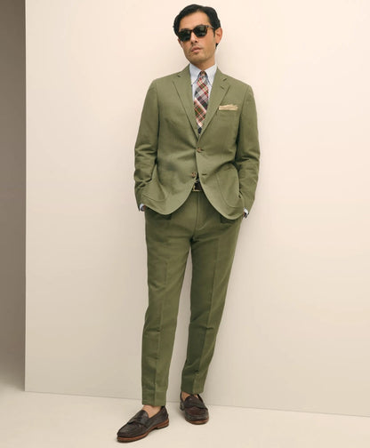 Slim Fit Fine Twill Washed Linen-Cotton Single-Pleat Suit Pants | Brooks Brothers on sale