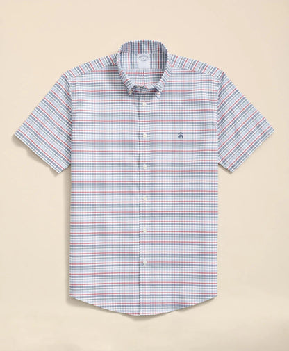 Stretch Cotton Non-Iron Oxford Polo Button Down Collar, Windowpane Short-Sleeve Shirt | Brooks Brothers on sale