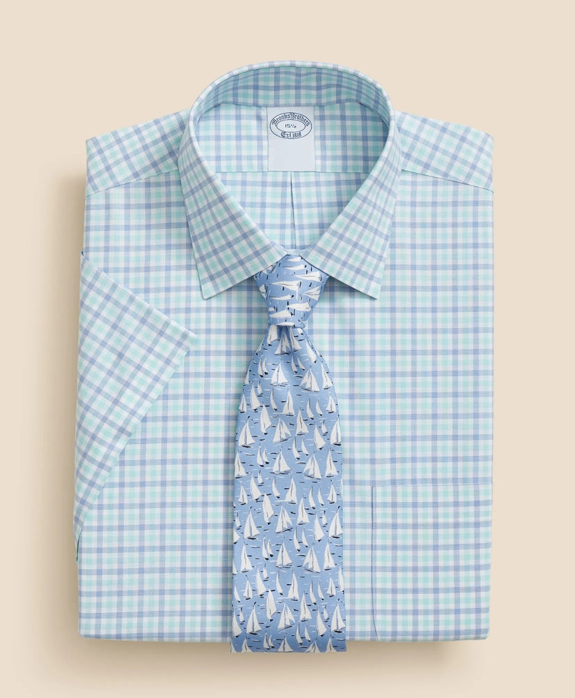 Stretch Supima® Cotton Non-Iron Ainsley Collar, Alternating Check Short-Sleeve Dress Shirt | Brooks Brothers online shop - US 7991