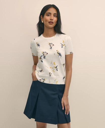 Cotton Short-Sleeve Sweater Shell in Bird Print | Brooks Brothers on sale