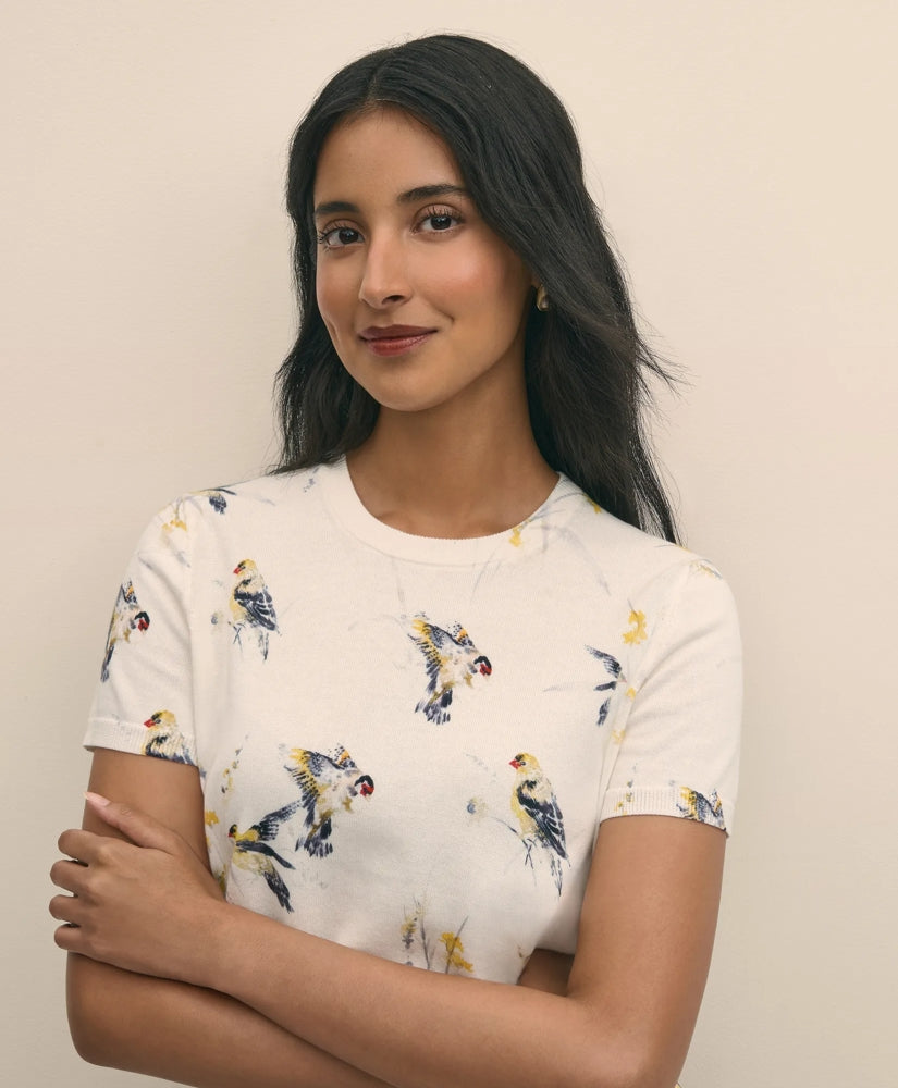 Cotton Short-Sleeve Sweater Shell in Bird Print | Brooks Brothers on sale