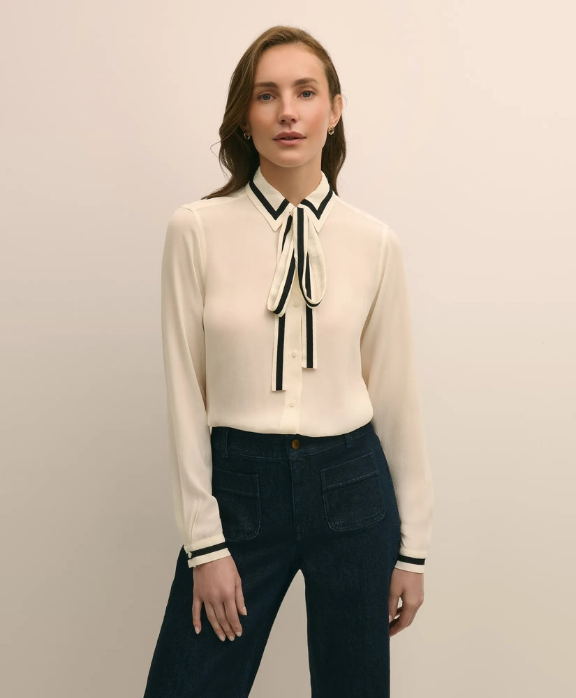 Viscose Contrast Tie-Neck Blouse | Brooks Brothers online shop