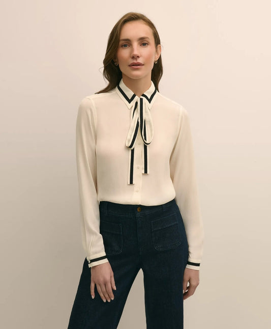 Viscose Contrast Tie-Neck Blouse | Brooks Brothers online shop