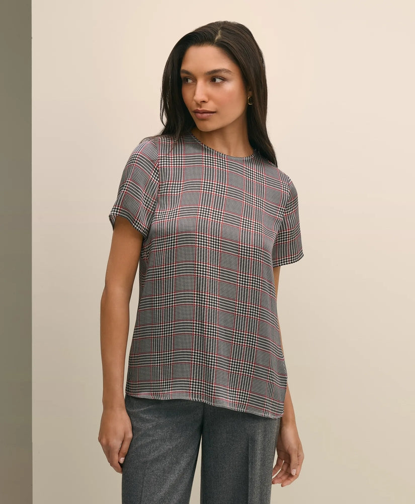 Washable Silk Charmeuse Plaid Short-Sleeve Top | Brooks Brothers on sale