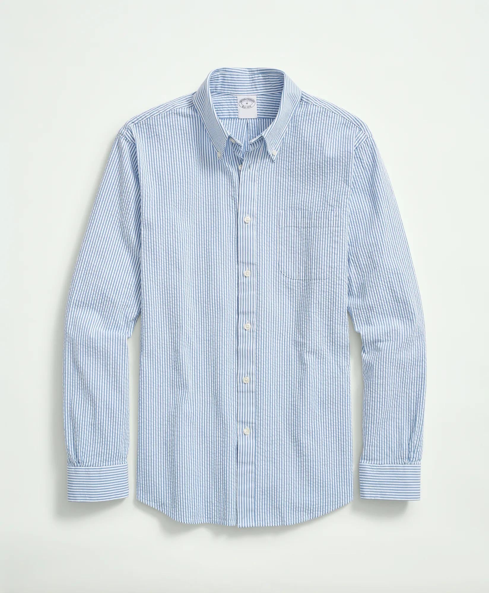 Washed Cotton Seersucker Button-Down Collar, Stripe Sport Shirt | Brooks Brothers cheap