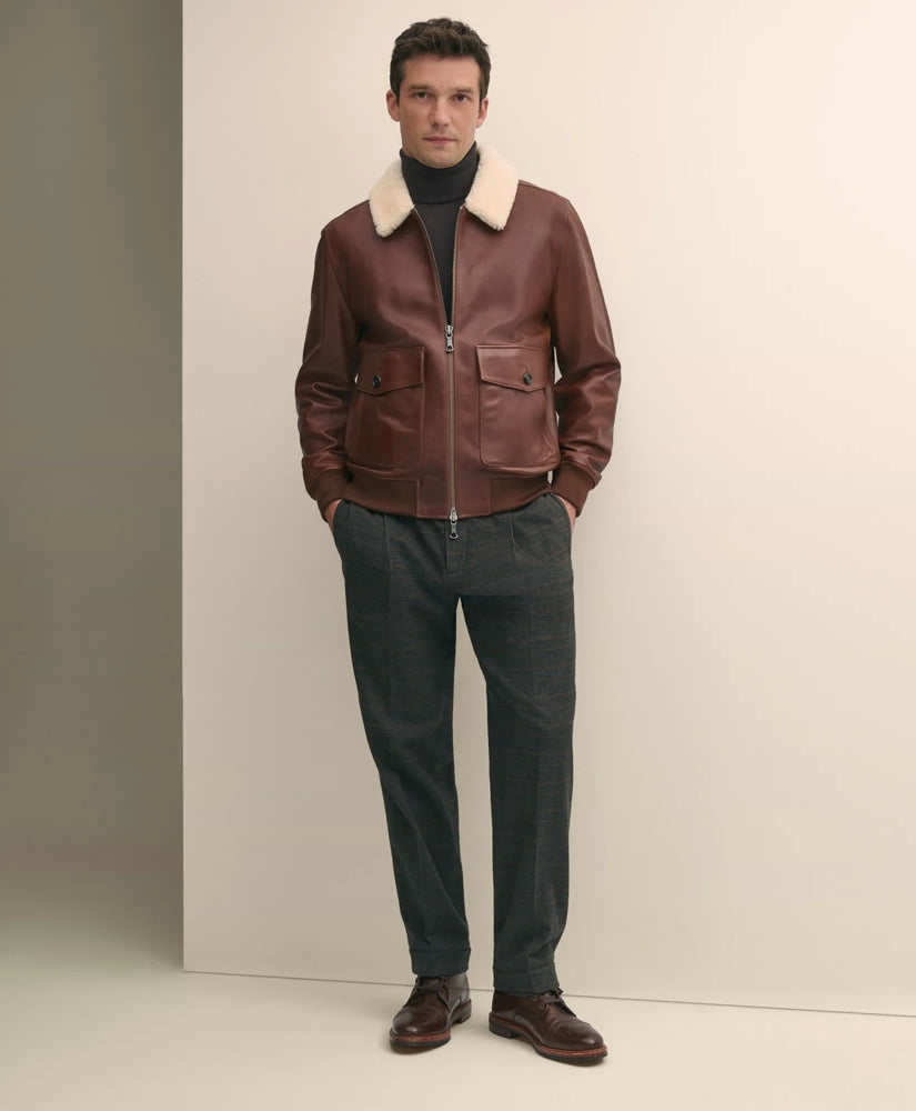 Washed Leather Bomber Jacket With Shearling Collar | Brooks Brothers cheap