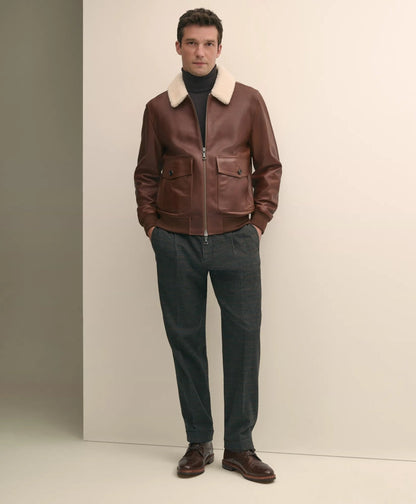 Washed Leather Bomber Jacket With Shearling Collar | Brooks Brothers cheap