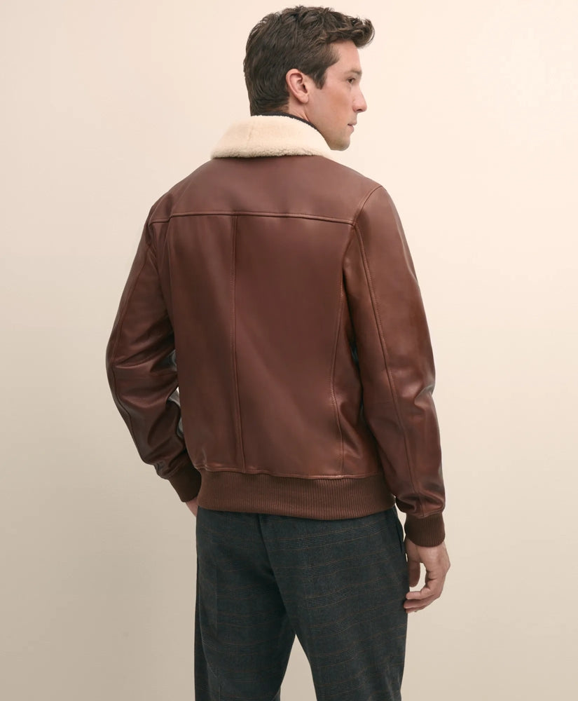 Washed Leather Bomber Jacket With Shearling Collar | Brooks Brothers cheap