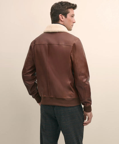 Washed Leather Bomber Jacket With Shearling Collar | Brooks Brothers cheap