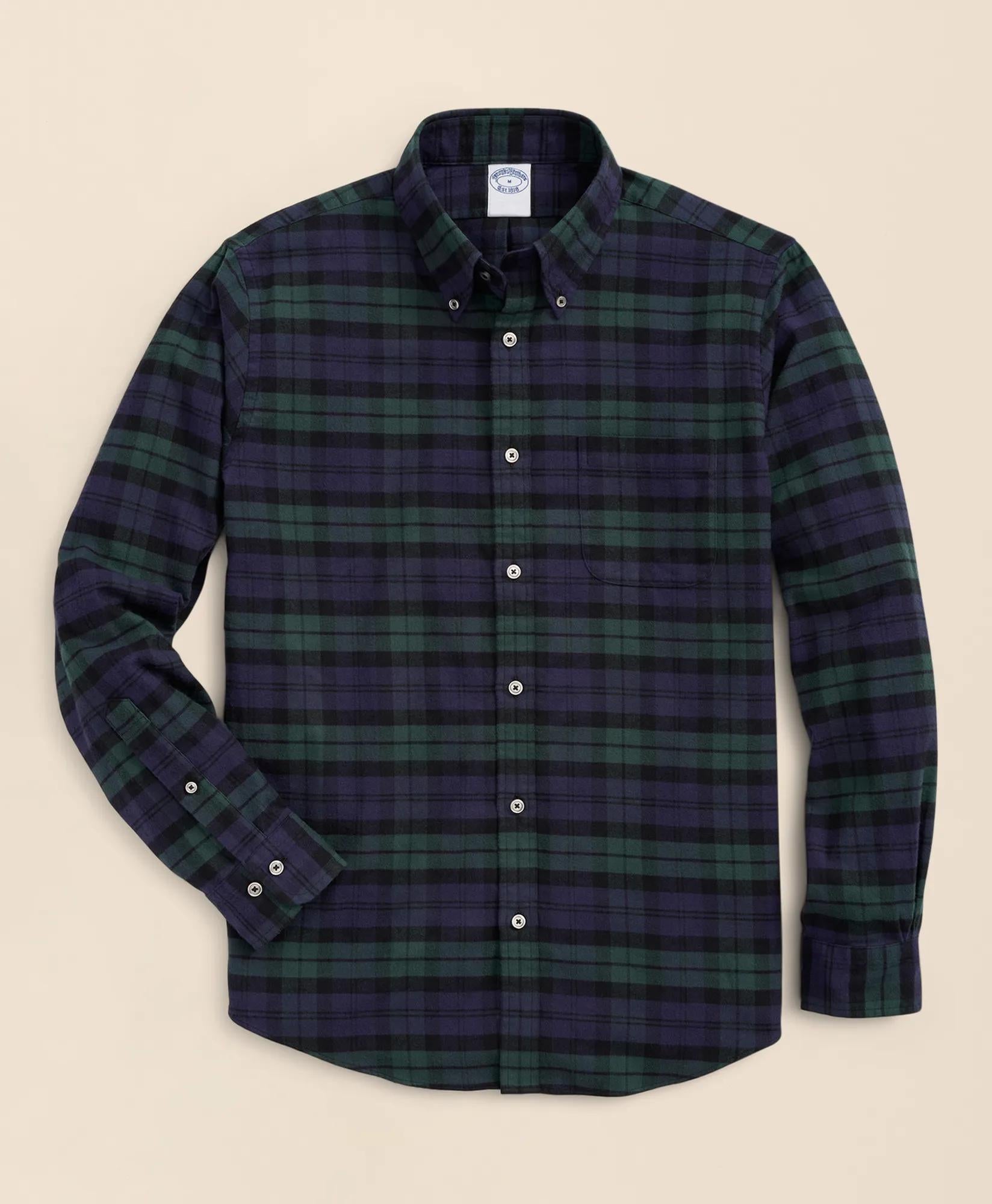 Portuguese Flannel Polo Button Down Collar, Black Watch Shirt | Brooks Brothers sale